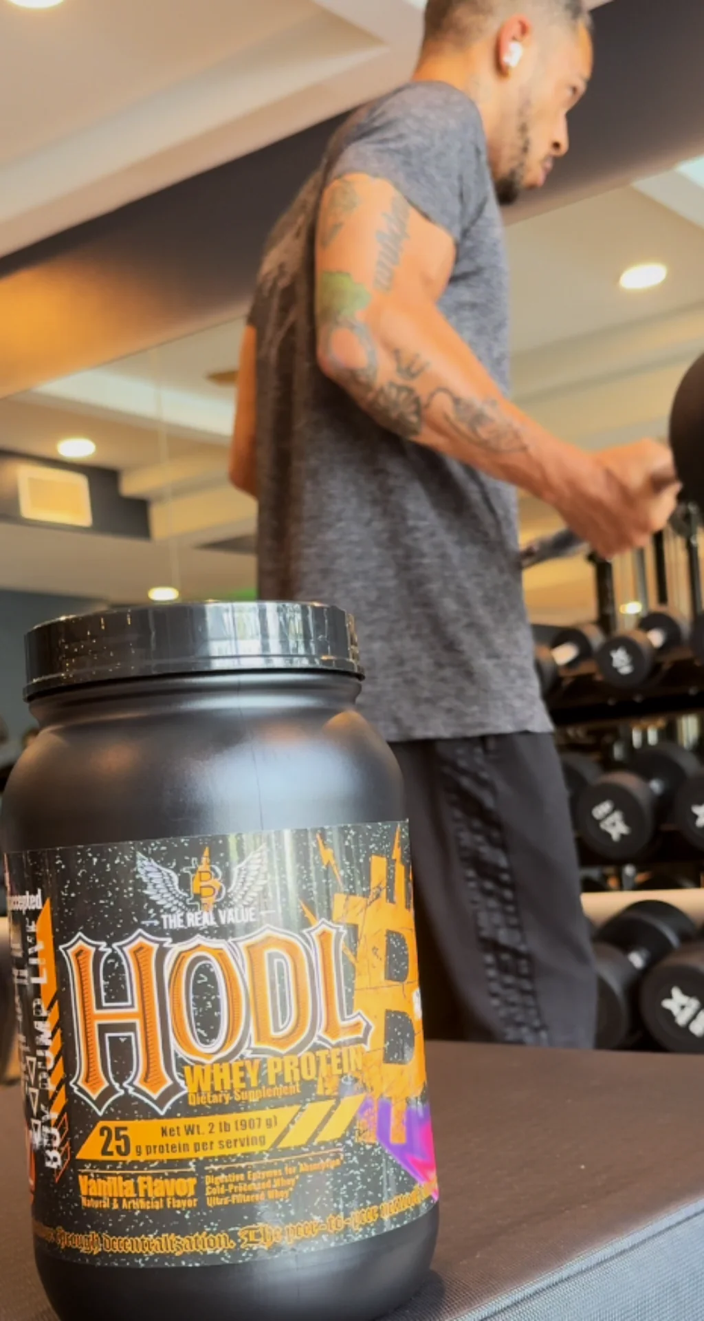 Premium whey protein powder in modern kitchen setting